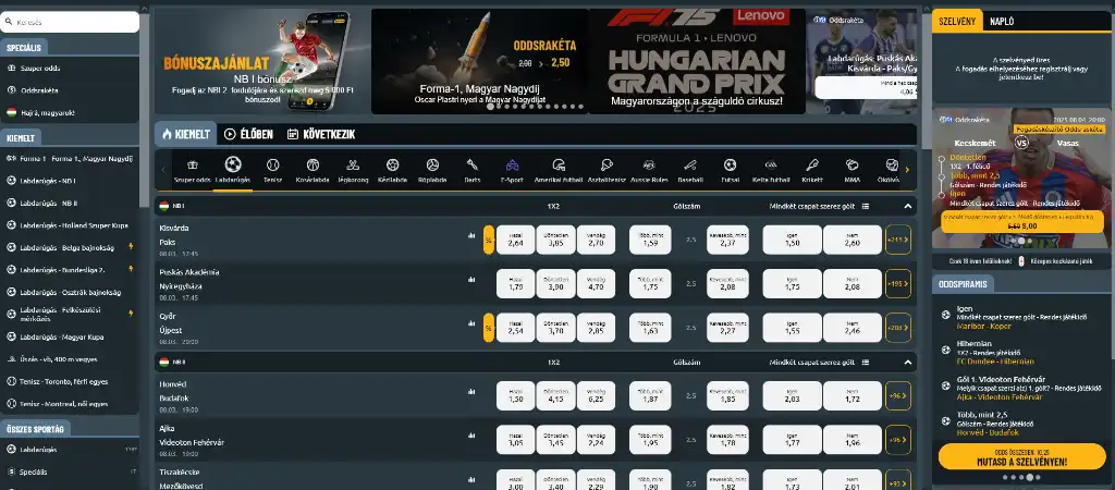 TippmixPro online sportfogad&aacute;s sportesem&eacute;nyek k&iacute;n&aacute;lat, NB I-es &eacute;s NB II-es labdar&uacute;g&oacute; m&eacute;rkőz&eacute;sek oddsai, r&eacute;szletes fogad&aacute;si piacokkal