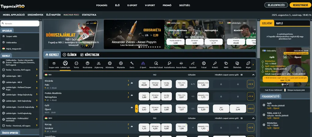 Tippmixpro online sportfogad&oacute; iroda weboldal&aacute;nak k&eacute;pernyőfot&oacute;ja &eacute;lő fogad&aacute;si lehetős&eacute;gekkel &eacute;s NB I-es m&eacute;rkőz&eacute;sekkel.