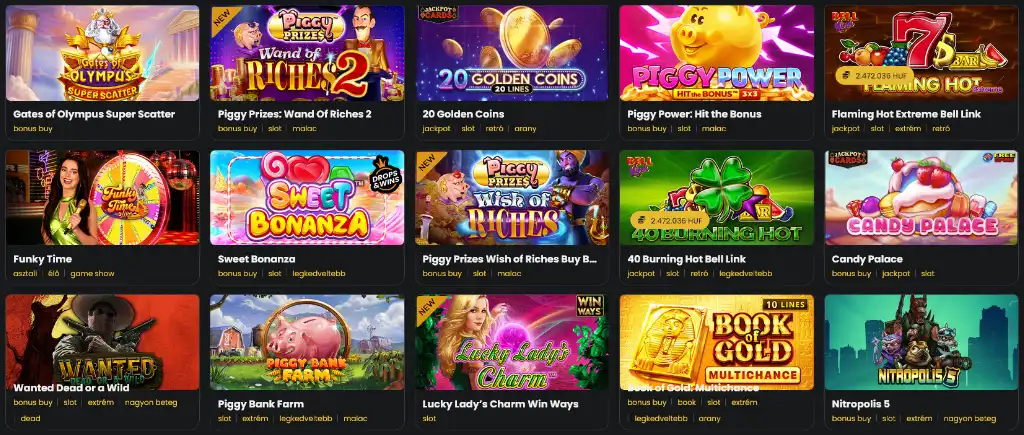 Vegas.hu online kaszin&oacute; j&aacute;t&eacute;kok, n&eacute;pszerű online nyerőg&eacute;pek, b&oacute;nuszos slotok &eacute;s jackpot j&aacute;t&eacute;kok gazdag k&iacute;n&aacute;lata a Vegas.hu online kaszin&oacute;ban.