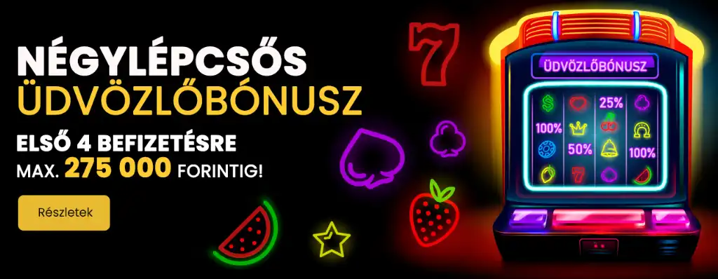 Vegas.hu online kaszin&oacute; &uuml;dv&ouml;zlő b&oacute;nusz. N&eacute;gy szintből &aacute;ll&oacute; &uuml;dv&ouml;zlő b&oacute;nuszaj&aacute;nlat, sz&iacute;nes neon st&iacute;lus&uacute; nyerőg&eacute;p grafik&aacute;val, ak&aacute;r 275 000 forintig