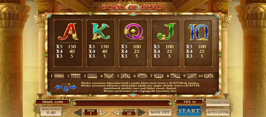 Book of Dead online nyerőg&eacute;p szimb&oacute;lumok, A, K, Q, J &eacute;s 10 jelek nyerem&eacute;nyszorz&oacute;kkal &eacute;s nyerővonalakkal