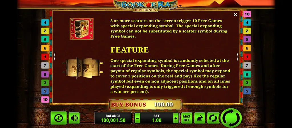 Book of Ra Deluxe scatter szimb&oacute;lum, ingyenes p&ouml;rget&eacute;sek &eacute;s speci&aacute;lis b&oacute;nusz funkci&oacute;k a Novomatic slotban
