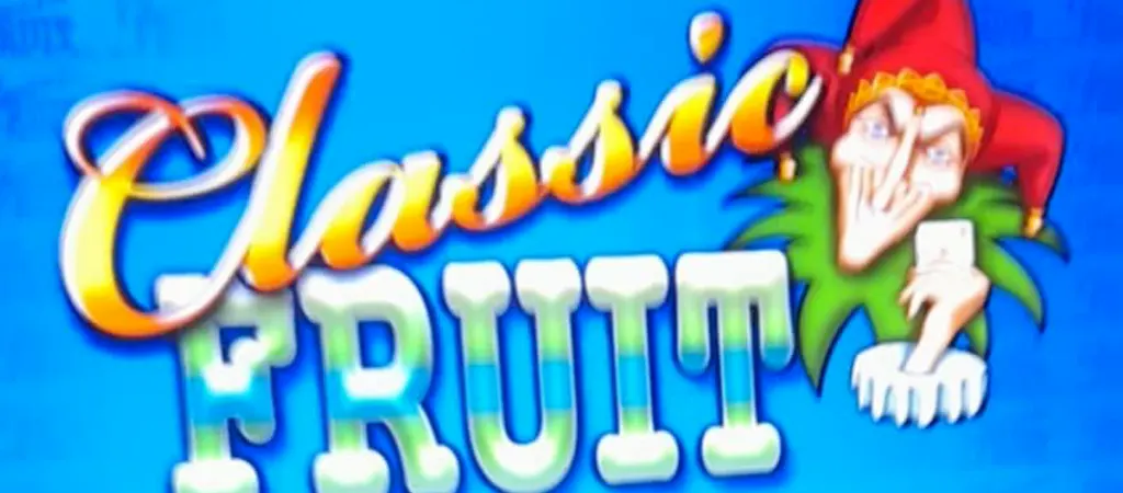 Classic Fruit Poker r&eacute;gi nyerőg&eacute;p log&oacute;ja, boh&oacute;c grafik&aacute;val &eacute;s gy&uuml;m&ouml;lcs szimb&oacute;lumokkal