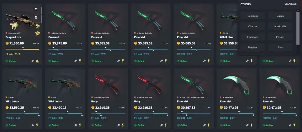 CSGO skin szerencsej&aacute;t&eacute;k oldal, ritka k&eacute;s, Dragon Lore &eacute;s egy&eacute;b skinek