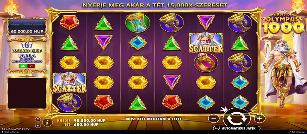 Gates of Olympus 1000 Pragmatic Play nyerőg&eacute;p j&aacute;t&eacute;k k&ouml;zben szorz&oacute;kkal &eacute;s scatter szimb&oacute;lummal