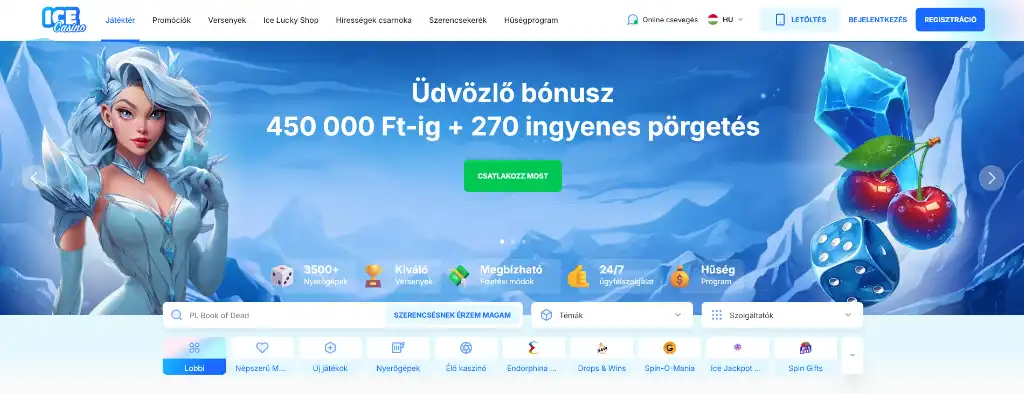 Ice Casino &uuml;dv&ouml;zlő b&oacute;nusz aj&aacute;nlat, ak&aacute;r 450 000 Ft &eacute;s 270 ingyenes p&ouml;rget&eacute;s magyar j&aacute;t&eacute;kosoknak