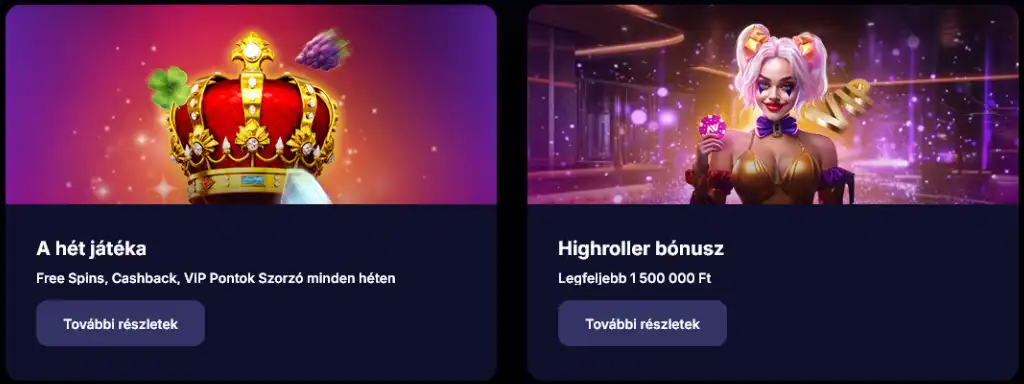 Heti j&aacute;t&eacute;k &eacute;s highroller b&oacute;nusz prom&oacute;ci&oacute;k leg&aacute;lis magyar online kaszin&oacute;ban