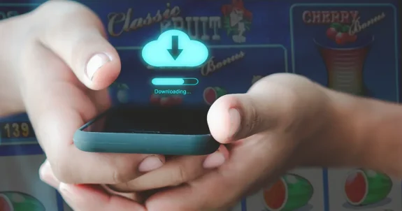 Klasszikus nyerőgépes játék letöltése mobiltelefonra, retro Fruit Poker és Cherry Bonus ikonok a háttérben