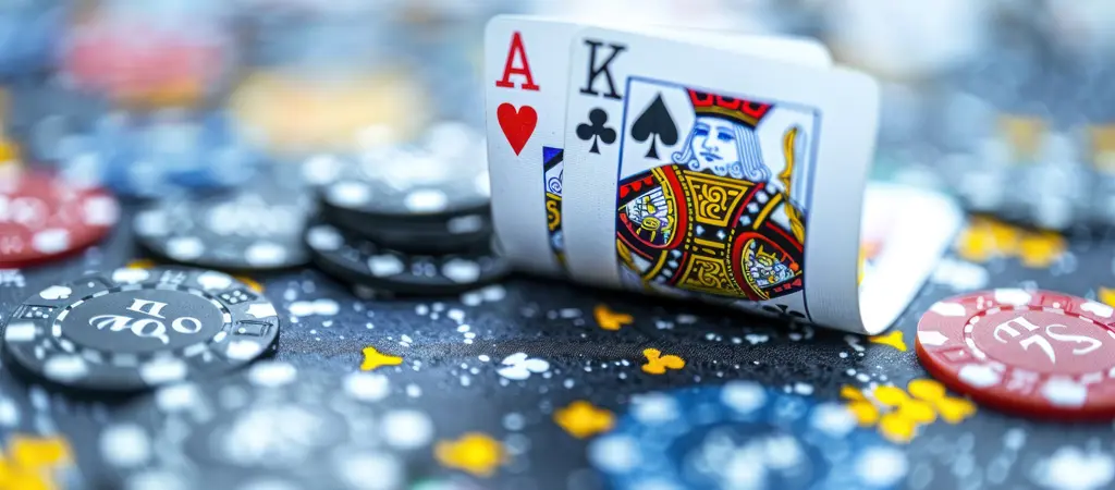 Erős kezdőlapokkal rendelkező j&aacute;t&eacute;khelyzet zsetonok k&ouml;z&ouml;tt, amely j&oacute;l illusztr&aacute;lja a gyakori black jack hib&aacute;k kialakul&aacute;s&aacute;t j&aacute;t&eacute;k k&ouml;zben