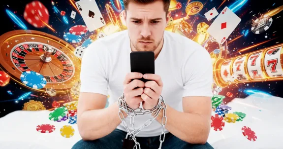 Fiatal férfi okostelefont tart lánccal kötött kézzel, körülötte kaszinóelemekkel, amely erős vizuális szimbóluma a szerencsejáték függőség lelki és mentális csapdájának