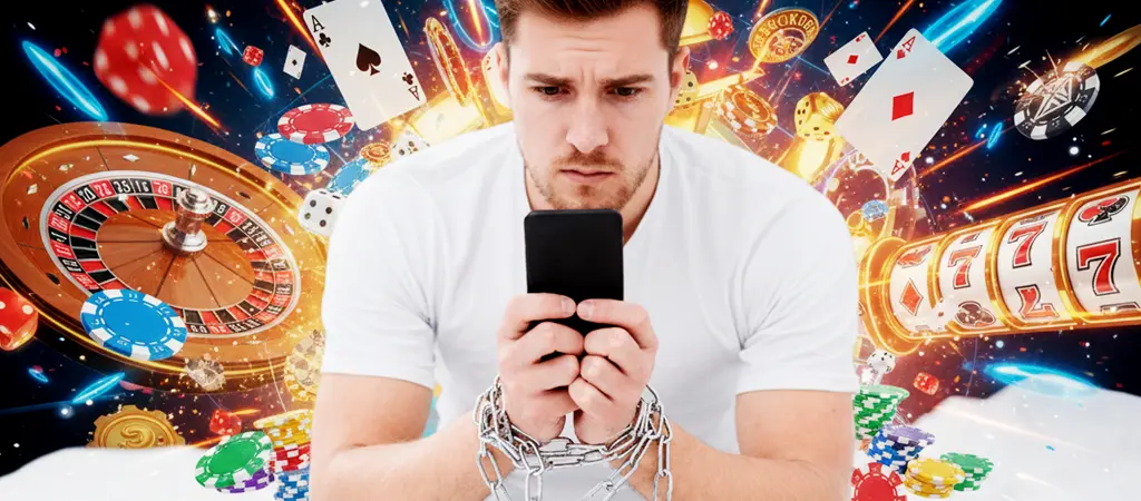 Komoran telefonj&aacute;t n&eacute;ző f&eacute;rfi kaszin&oacute;s vizu&aacute;lis h&aacute;tt&eacute;r előtt, amely a szerencsej&aacute;t&eacute;k f&uuml;ggős&eacute;g felismer&eacute;se &eacute;s kezel&eacute;se k&ouml;z&ouml;tti belső k&uuml;zdelmet &aacute;br&aacute;zolja