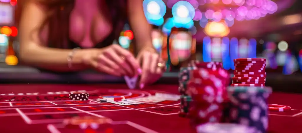 Kaszinóasztal zsetonokkal és dobókockával játék közben, amely a klasszikus és online kaszinó játékok működését és a játékélményt mutatja be