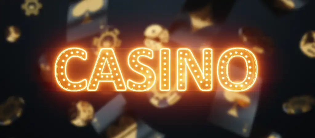 Világító kaszinó felirat lebegő kártyákkal és zsetonokkal, amely a kaszinó jelentését és a szerencsejáték szórakoztató környezetét szimbolizáló illusztráció