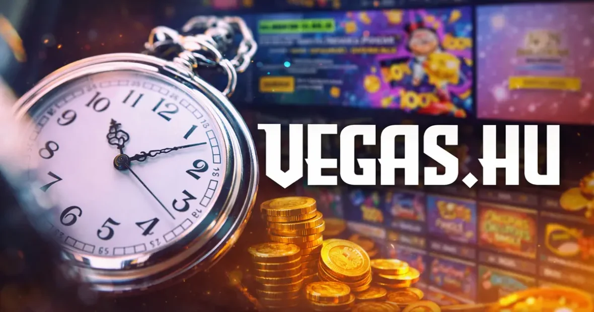 A vegas.hu kifizetés idejét bemutató illusztráció zsebórával, arany érmékkel és digitális nyerőgépes játékfelülettel, amely a gyors pénzfelvétel és nyeremény kifizetés folyamatát szemlélteti