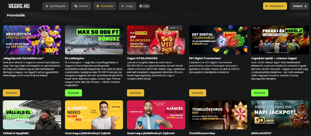 A vegas.hu online kaszin&oacute; prom&oacute;ci&oacute;k &eacute;s &uuml;dv&ouml;zlő b&oacute;nusz aj&aacute;nlatok &aacute;ttekintő oldala k&uuml;l&ouml;nb&ouml;ző j&aacute;t&eacute;kos kedvezm&eacute;nyekkel, VIP programmal &eacute;s aktu&aacute;lis kaszin&oacute; akci&oacute;kkal magyarorsz&aacute;gi j&aacute;t&eacute;kosoknak