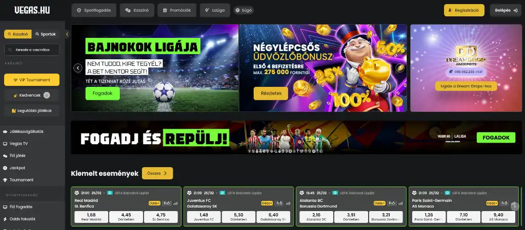 A vegas.hu online kaszin&oacute; weboldal&aacute;nak kezdőoldala sportfogad&aacute;si esem&eacute;nyekkel, kiemelt m&eacute;rkőz&eacute;sekkel &eacute;s aktu&aacute;lis kaszin&oacute; b&oacute;nusz aj&aacute;nlatokkal modern felhaszn&aacute;l&oacute;i fel&uuml;leten