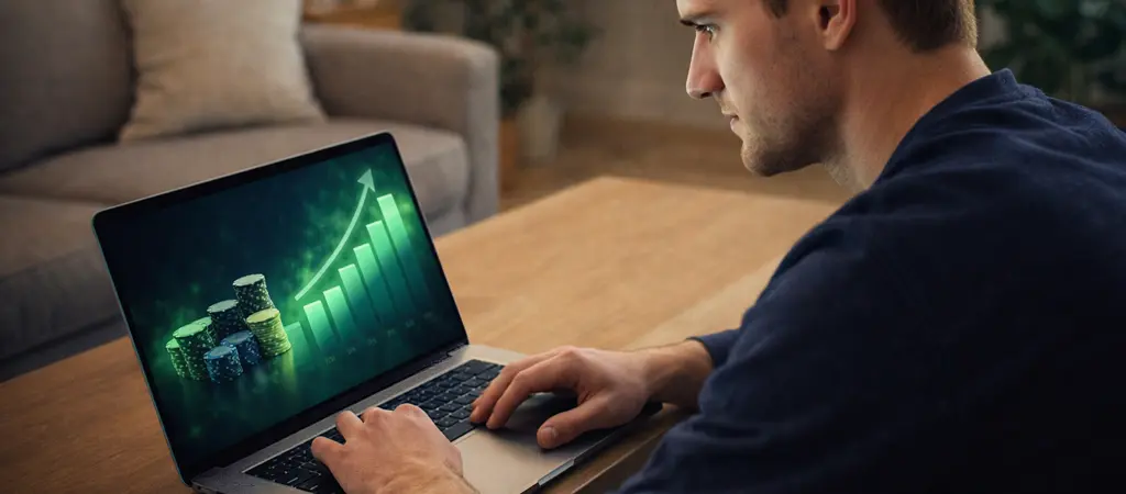 F&eacute;rfi laptopon online kaszin&oacute; strat&eacute;gi&aacute;t elemez, bankroll management strat&eacute;gia alkalmaz&aacute;sa j&aacute;t&eacute;k k&ouml;zben