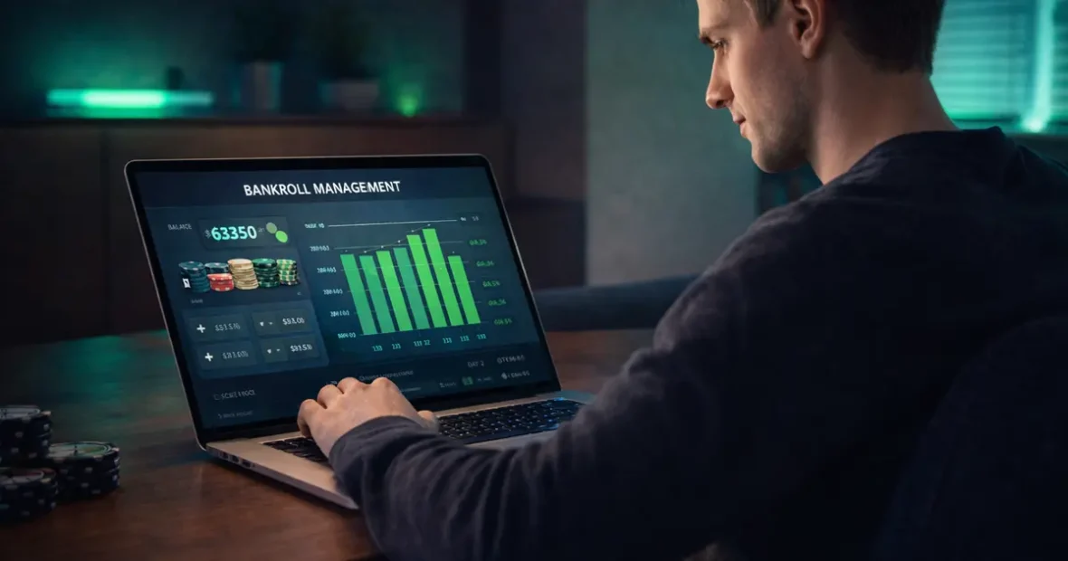 Online kaszinó bankroll management grafikon laptopon, pénzkezelés és játékstratégia bemutatása