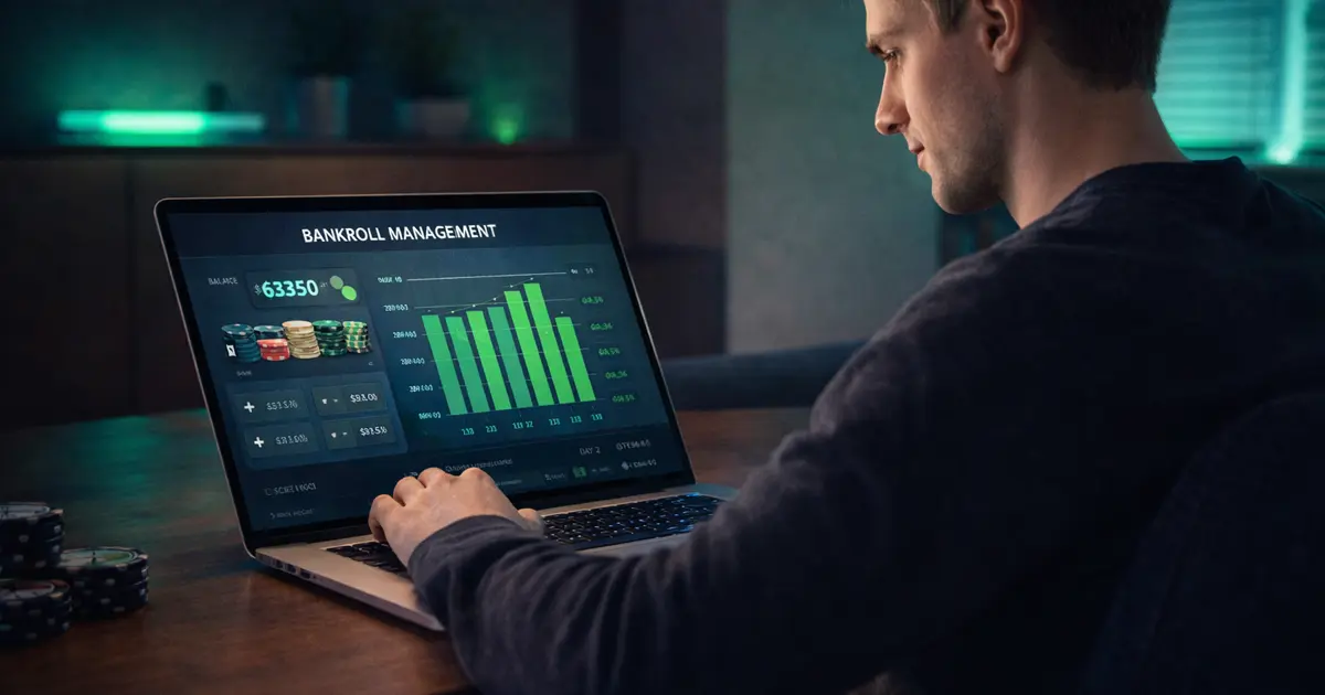 Online kaszinó bankroll management grafikon laptopon, pénzkezelés és játékstratégia bemutatása