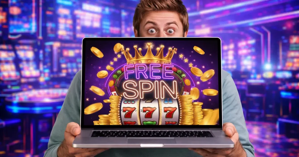 Laptop képernyőn FREE SPIN felirat és nyerőgép, free spin jelentése online kaszinóban