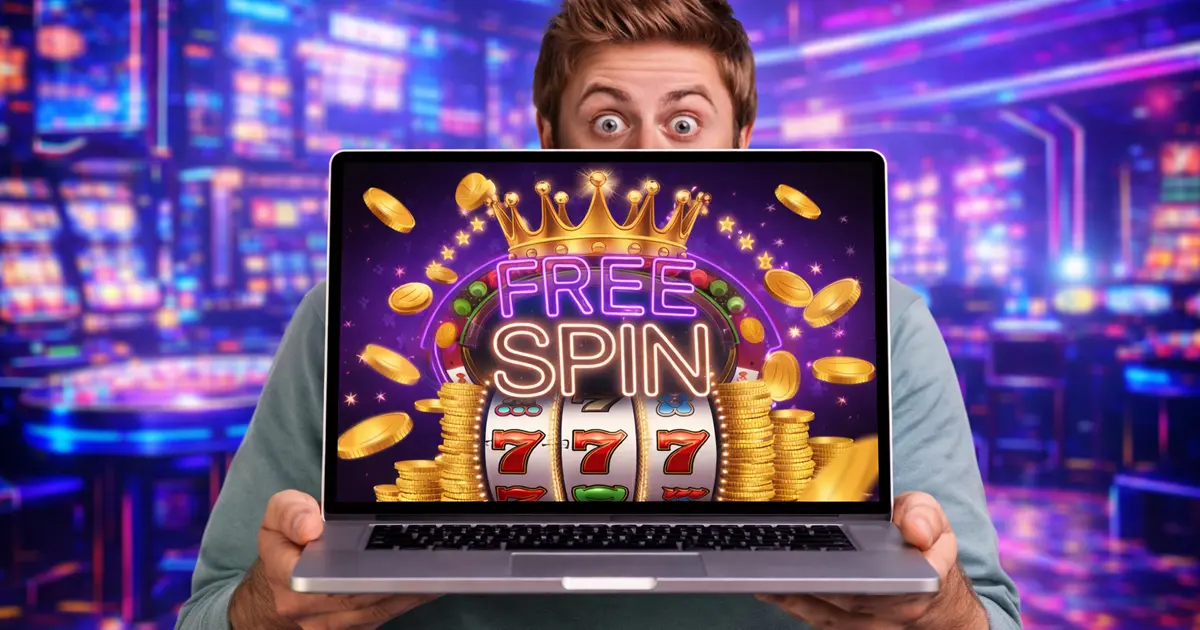Laptop képernyőn FREE SPIN felirat és nyerőgép, free spin jelentése online kaszinóban