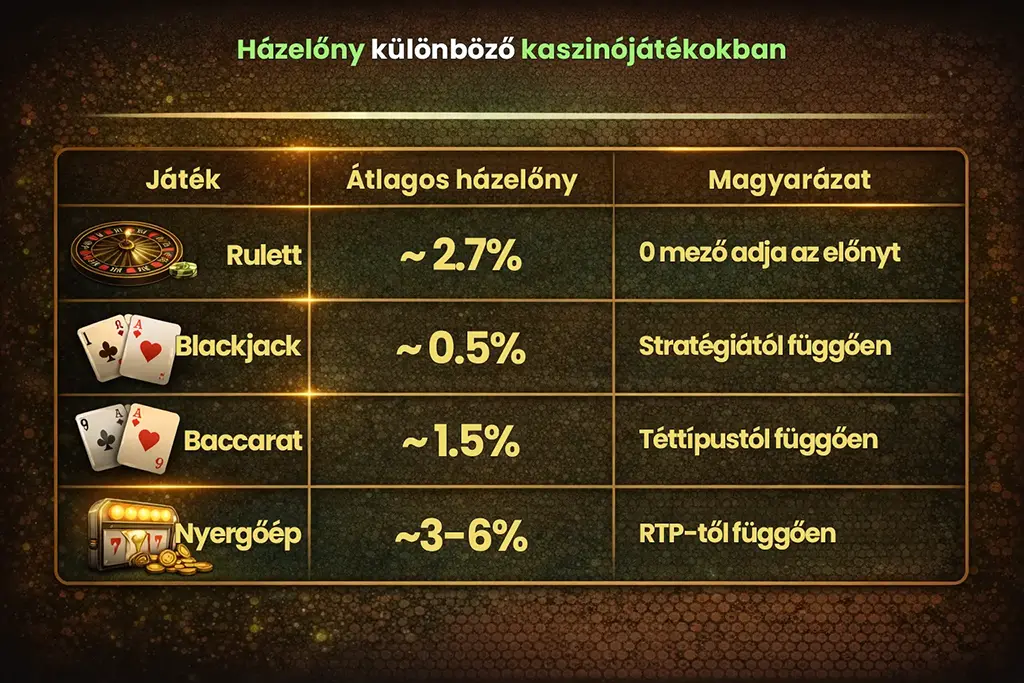 Kaszin&oacute; j&aacute;t&eacute;kok &aacute;tlagos h&aacute;zelőnye &ouml;sszehasonl&iacute;tva rulett, blackjack, baccarat &eacute;s nyerőg&eacute;p j&aacute;t&eacute;kok eset&eacute;ben