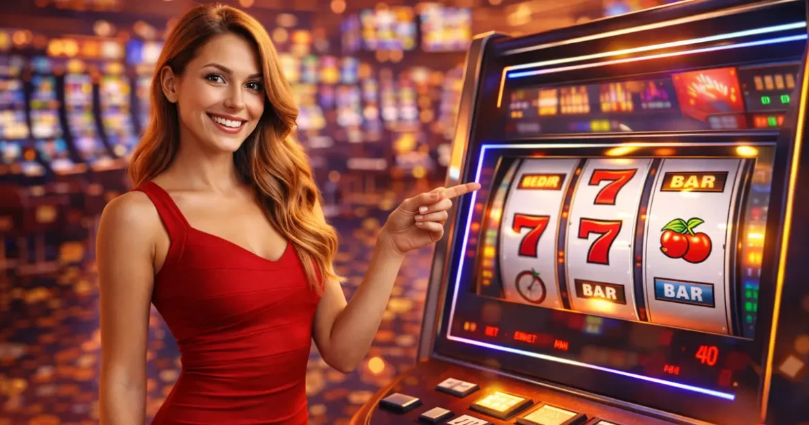Mosolygó nő nyerőgépet mutat kaszinóban, illusztráció a nyerőgépek működésének bemutatásához