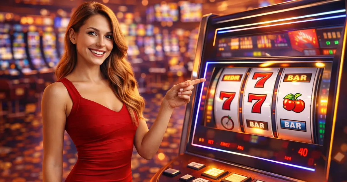 Mosolygó nő nyerőgépet mutat kaszinóban, illusztráció a nyerőgépek működésének bemutatásához