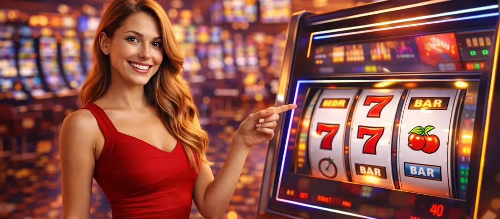 Nő nyerőg&eacute;p mellett kaszin&oacute;ban, amely bemutatja hogyan műk&ouml;dnek a nyerőg&eacute;pek &eacute;s a szimb&oacute;lum kombin&aacute;ci&oacute;k