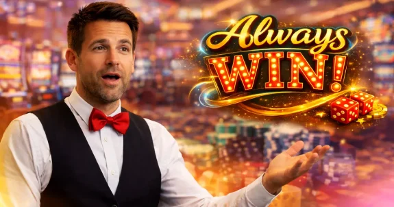 Férfi kaszinó környezetben Always Win felirattal, amely a kaszinó házelőny fogalmára utal
