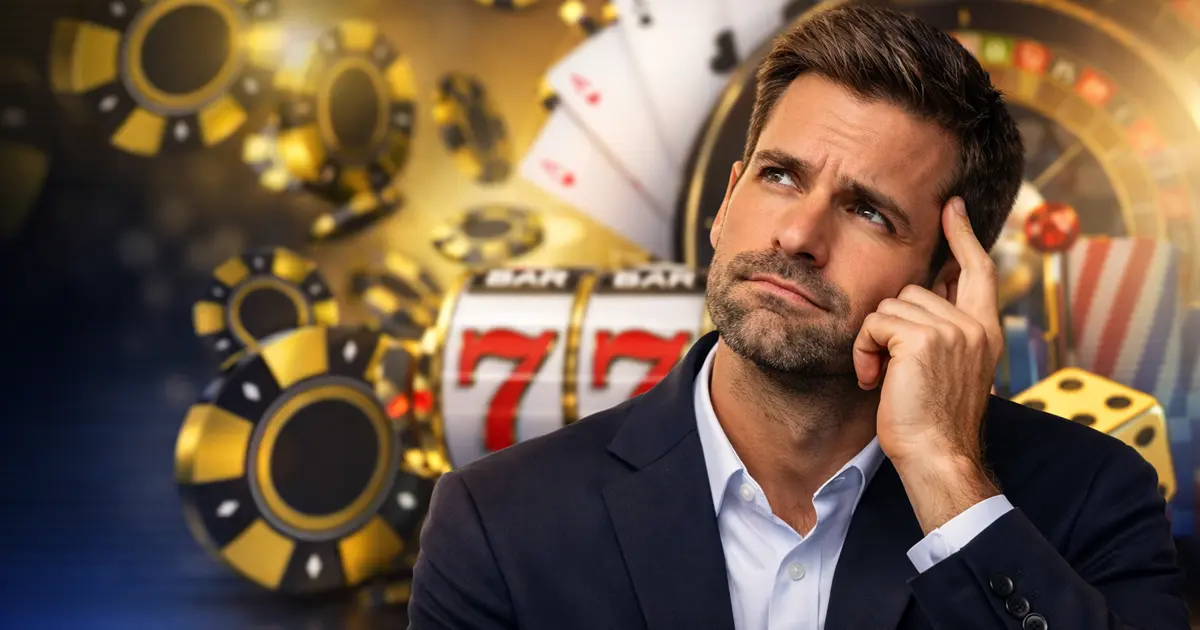 Gondolkodó férfi kaszinó zsetonok és nyerőgép előtt, a kaszinó játékok nyerési esélyeinek és kockázatainak