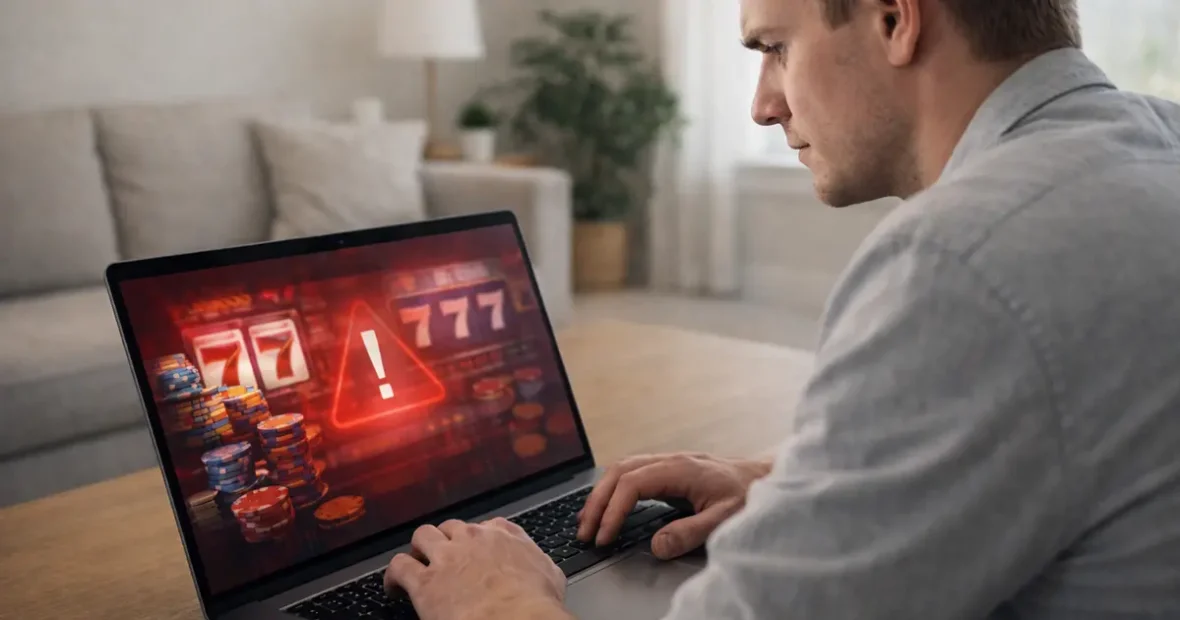 Férfi laptopon online kaszinó felületet néz, figyelmeztetés jelzéssel, kitiltás magyar online kaszinóból