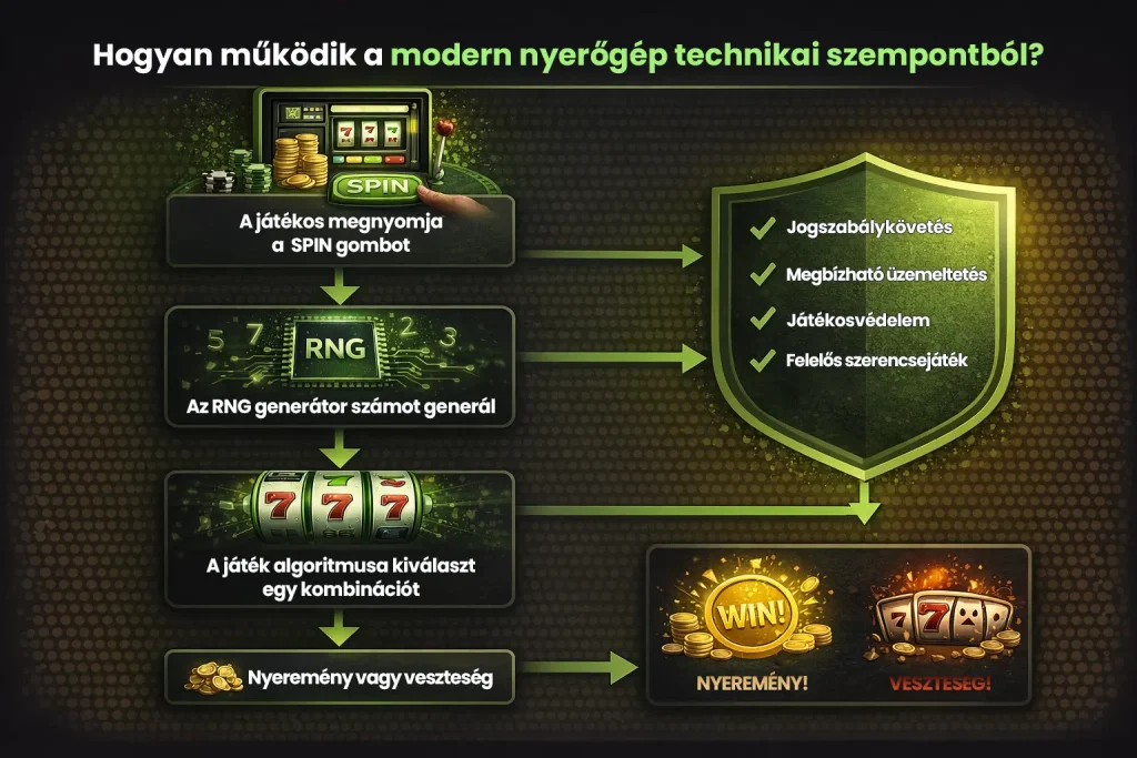 modern online nyerőg&eacute;p műk&ouml;d&eacute;se technikailag, RNG gener&aacute;tor &eacute;s j&aacute;t&eacute;k algoritmus folyamata