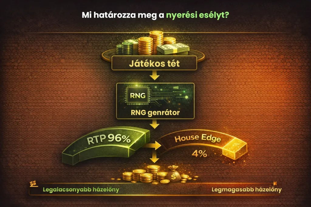 Mi hat&aacute;rozza meg a nyer&eacute;si es&eacute;lyt online kaszin&oacute; j&aacute;t&eacute;kokban, az RNG gener&aacute;tor, az RTP &eacute;s a kaszin&oacute; h&aacute;zelőny műk&ouml;d&eacute;s&eacute;nek bemutat&aacute;sa