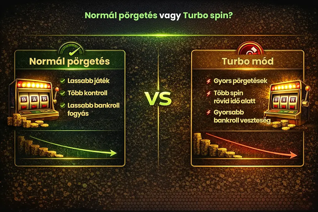 Norm&aacute;l p&ouml;rget&eacute;s &eacute;s turbo spin &ouml;sszehasonl&iacute;t&aacute;sa nyerőg&eacute;peken, a bankroll fogy&aacute;s &eacute;s a p&ouml;rget&eacute;si sebess&eacute;g hat&aacute;sa