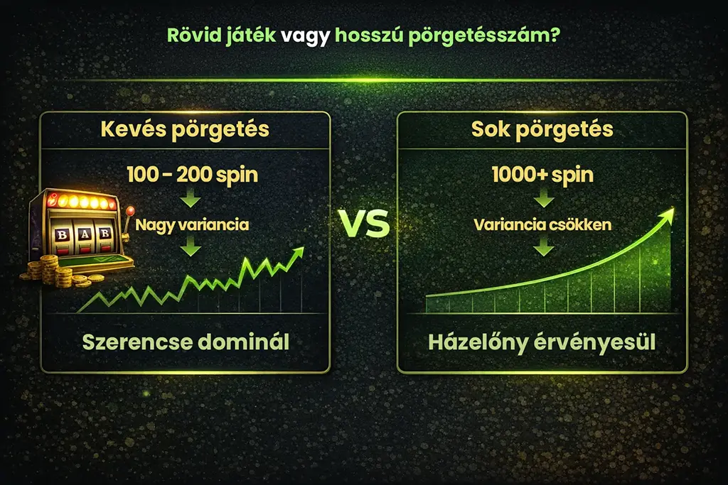 Kev&eacute;s &eacute;s sok p&ouml;rget&eacute;s &ouml;sszehasonl&iacute;t&aacute;sa nyerőg&eacute;pekn&eacute;l, a variancia &eacute;s a kaszin&oacute; h&aacute;zelőny hossz&uacute; t&aacute;v&uacute; hat&aacute;sa