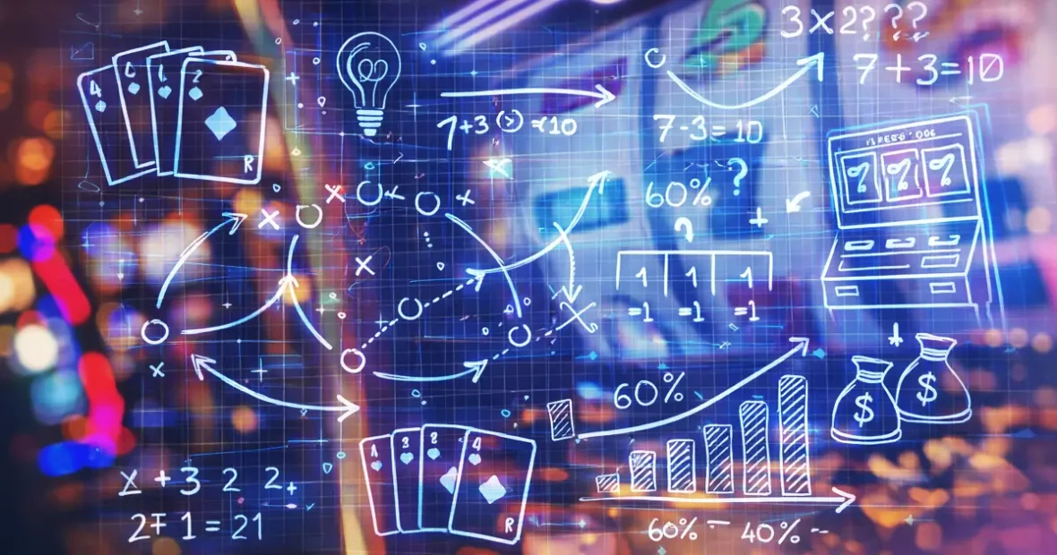 Kaszinó stratégiákat bemutató diagram és nyerőgép illusztráció a szerencsejáték matematikai hátteréről