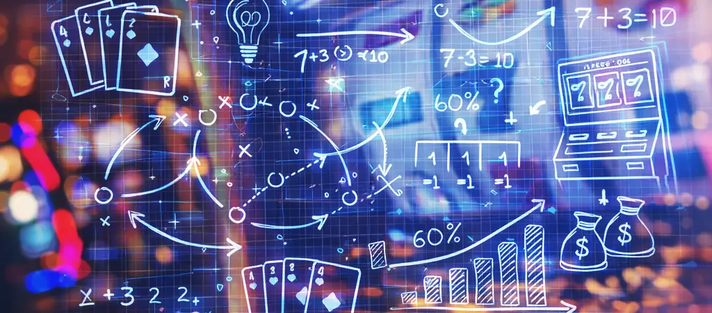 Grafikus &aacute;bra kaszin&oacute; strat&eacute;gi&aacute;kr&oacute;l, k&aacute;rty&aacute;kkal, diagramokkal &eacute;s nyerőg&eacute;ppel a j&aacute;t&eacute;k es&eacute;lyeinek magyar&aacute;zat&aacute;hoz