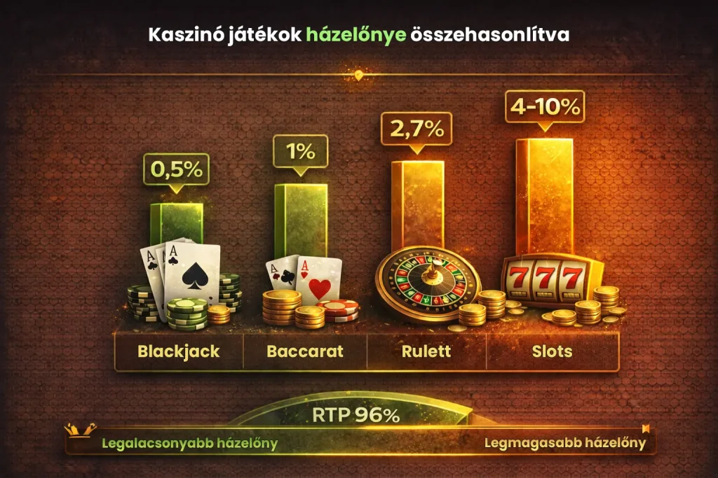 Online kaszin&oacute; j&aacute;t&eacute;kok h&aacute;zelőnye &ouml;sszehasonl&iacute;tva blackjack, baccarat, rulett &eacute;s slot j&aacute;t&eacute;kok p&eacute;ld&aacute;j&aacute;n sz&aacute;zal&eacute;kos k&uuml;l&ouml;nbs&eacute;gekkel