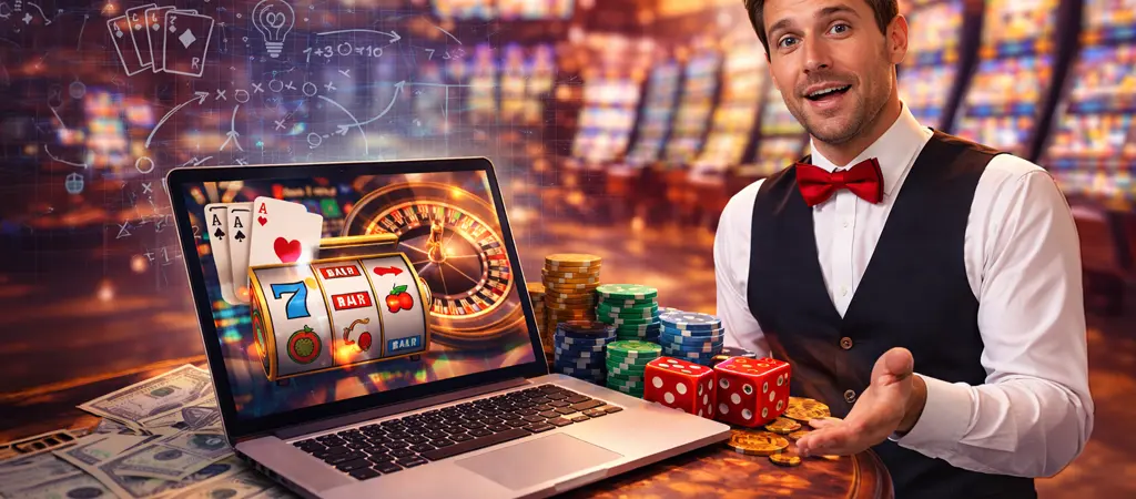 Online kaszin&oacute; j&aacute;t&eacute;kok laptopon, h&aacute;tt&eacute;rben rulett &eacute;s k&aacute;rty&aacute;k, az online kaszin&oacute; műk&ouml;d&eacute;s&eacute;nek illusztr&aacute;ci&oacute;ja