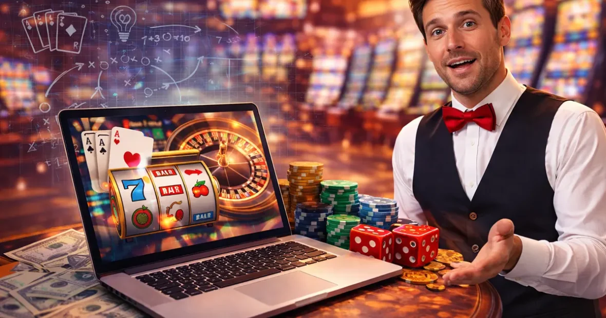 Férfi laptop előtt kaszinó játékokkal, zsetonokkal és dobókockával az online kaszinók működésének szemléltetésére
