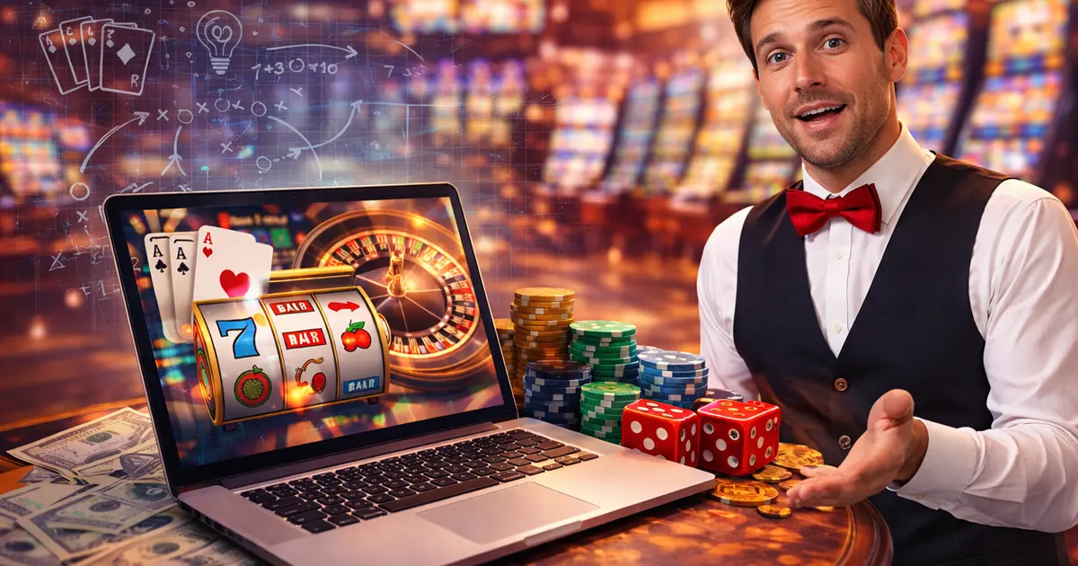 Férfi laptop előtt kaszinó játékokkal, zsetonokkal és dobókockával az online kaszinók működésének szemléltetésére