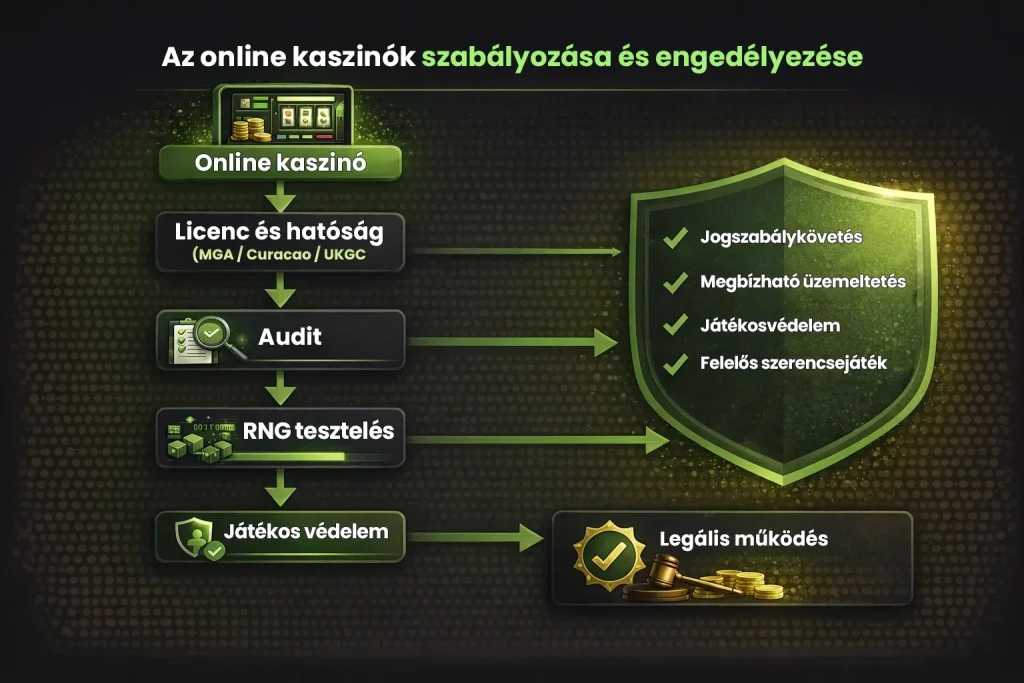 online kaszin&oacute;k szab&aacute;lyoz&aacute;sa &eacute;s enged&eacute;lyez&eacute;se infografika, licenc, audit, RNG tesztel&eacute;s &eacute;s j&aacute;t&eacute;kosv&eacute;delem folyamata