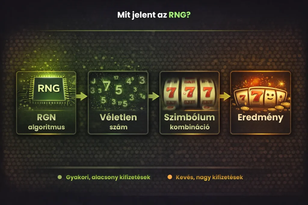 RNG jelent&eacute;se nyerőg&eacute;pekn&eacute;l infografika, v&eacute;letlen sz&aacute;m gener&aacute;tor műk&ouml;d&eacute;se &eacute;s a szimb&oacute;lum kombin&aacute;ci&oacute;k kialakul&aacute;sa online kaszin&oacute;kban