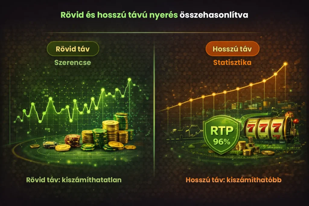 R&ouml;vid &eacute;s hossz&uacute; t&aacute;v&uacute; nyer&eacute;s &ouml;sszehasonl&iacute;t&aacute;sa online kaszin&oacute; j&aacute;t&eacute;kokban, grafikonon bemutatva a szerencse &eacute;s a statisztikai h&aacute;zelőny hat&aacute;s&aacute;t