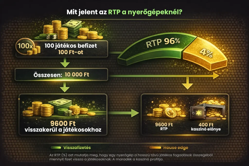 RTP jelent&eacute;se nyerőg&eacute;pekn&eacute;l infografika, visszafizet&eacute;si ar&aacute;ny &eacute;s kaszin&oacute; house edge bemutat&aacute;sa