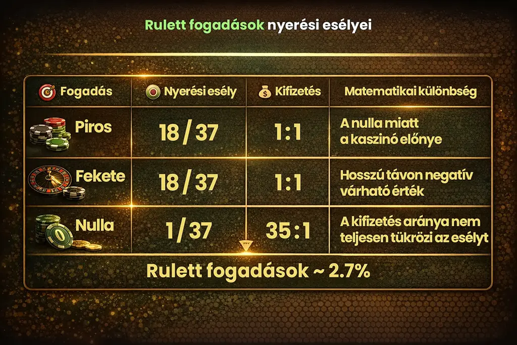 Rulett fogad&aacute;sok nyer&eacute;si es&eacute;lyei &eacute;s kifizet&eacute;si ar&aacute;nyai bemutatva, piros, fekete &eacute;s nulla t&eacute;tek val&oacute;sz&iacute;nűs&eacute;ge eur&oacute;pai rulettben