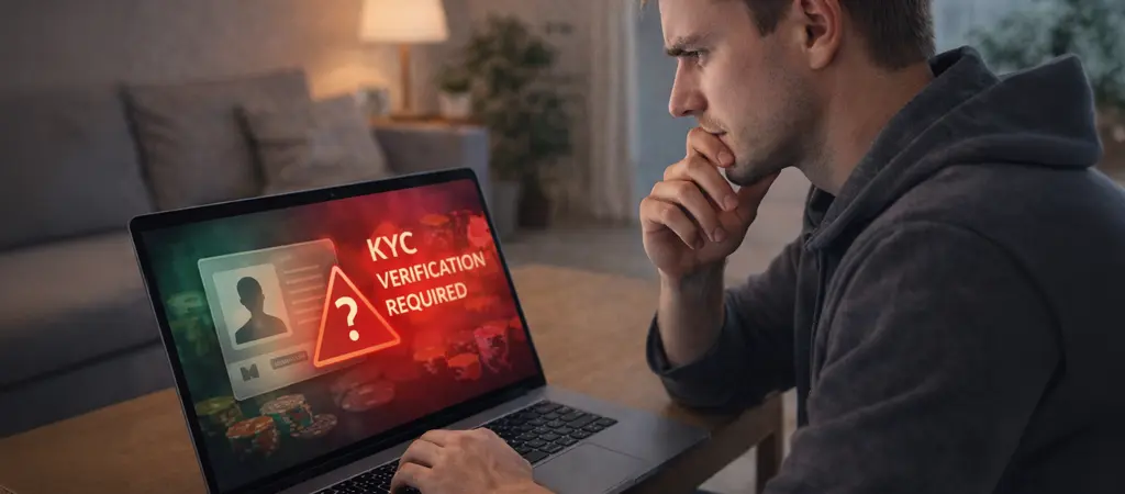 F&eacute;rfi laptop előtt KYC azonos&iacute;t&aacute;si figyelmeztet&eacute;ssel, szem&eacute;lyazonos&iacute;t&aacute;s &eacute;s kitilt&aacute;s online kaszin&oacute;ban