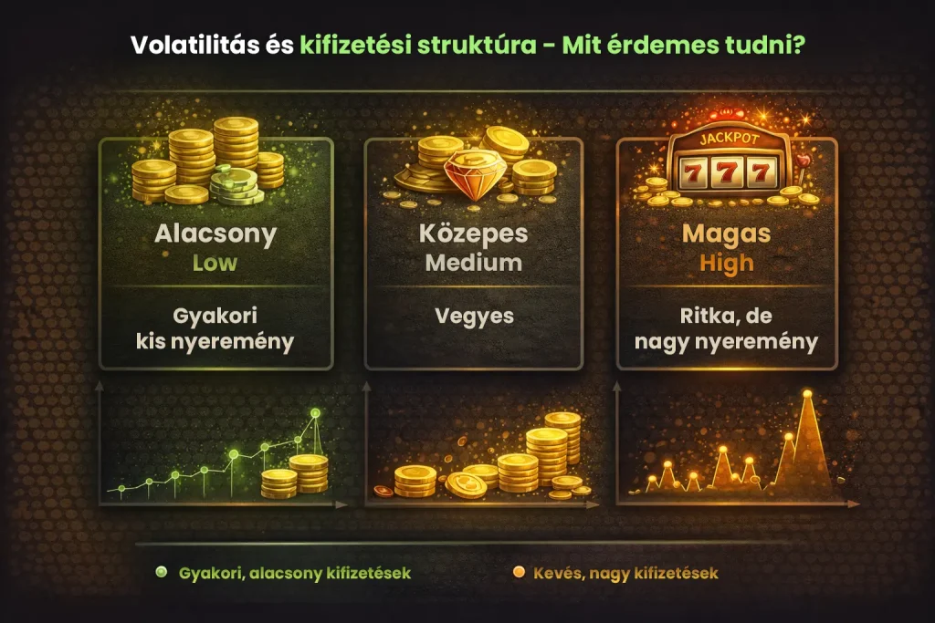 nyerőg&eacute;pek volatilit&aacute;sa &eacute;s kifizet&eacute;si strukt&uacute;r&aacute;ja infografika, alacsony k&ouml;zepes &eacute;s magas volatilit&aacute;s magyar&aacute;zata